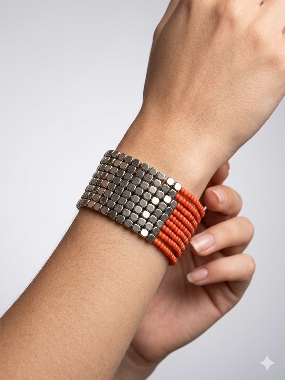 Coral Seed Bead Cuff Bracelet | Orange Multi-Strand Silver Cube - Picture 9 of 10